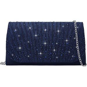 Women Blue Evenlope Imported Magnetic Purse Rhinestone Envelope Party Handbag